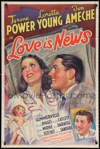 7x0204 LOVE IS NEWS 1sh 1937 great art of Loretta Young & Tyrone Power, from Royal Theatre, rare!