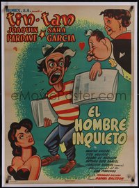 7x0979 EL HOMBRE INQUIETO linen Mexican poster 1953 art of German Valdes as Tin-Tan the newsboy!