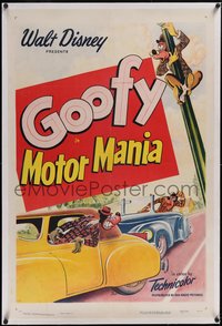 7x0656 MOTOR MANIA linen 1sh 1950 Disney, art of Goofy as pedestrian & violent driver, ultra rare!