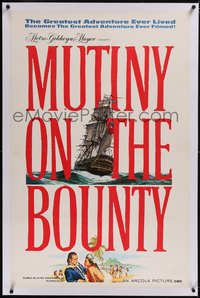 7x0661 MUTINY ON THE BOUNTY linen teaser 1sh 1962 Marlon Brando & Tarita, cool art of the ship at sea!