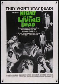 7x0667 NIGHT OF THE LIVING DEAD linen 1sh 1968 George Romero zombie classic, light green title design!