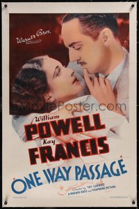 7x0679 ONE WAY PASSAGE linen 1sh R1936 c/u of doomed lovers William Powell & sexy Kay Francis, rare!