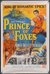 7x0693 PRINCE OF FOXES linen 1sh 1949 Orson Welles, Tyrone Power w/sword protects Wanda Hendrix!