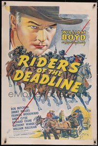 7x0704 RIDERS OF THE DEADLINE linen 1sh R1940s art of William Boyd as Hopalong Cassidy, Bob Mitchum!