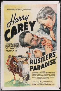 7x0718 RUSTLER'S PARADISE linen 1sh 1935 Harry Carey's riding, roping, and shooting his way to glory!