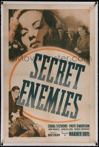 7x0723 SECRET ENEMIES linen 1sh 1942 huge headshot of sexy bad girl Nazi spy Faye Emerson!