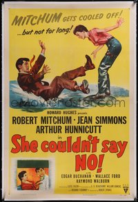 7x0727 SHE COULDN'T SAY NO linen 1sh 1954 art of sexy short-haired Jean Simmons & Dr. Robert Mitchum!