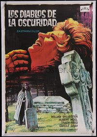 7x0989 DEVILS OF DARKNESS linen Spanish 1970 different Soligo art of woman & graveyard, ultra rare!