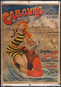 7x0405 CABOURG linen 43x58 French special poster 1890s Elzingre art of crowded beach, ultra rare!