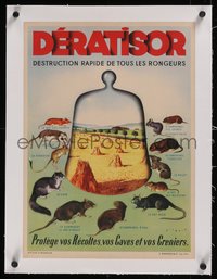 7x0967 DERATISOR linen 16x21 French advertising poster 1930s Wilquin art of rodents, ultra rare!