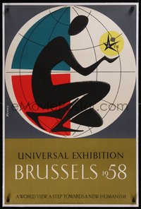 7x1002 EXPO 58 linen 24x36 Belgian special poster 1958 Jacques Richez art of figure in globe, rare!