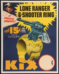 7x0969 LONE RANGER linen 17x22 advertising poster 1947 Kix cereal, 6-shooter on ring shoots sparks!