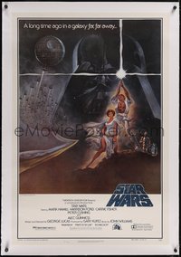 7x0748 STAR WARS linen 2nd printing 1sh 1977 A New Hope, Tom Jung art of Darth Vader over Luke & Leia!