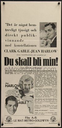 7x0174 HOLD YOUR MAN Swedish stolpe 1934 sexy Jean Harlow & Clark Gable, different & ultra rare!