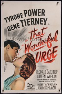 7x0769 THAT WONDERFUL URGE linen 1sh 1949 artwork of Tyrone Power about to kiss sexy Gene Tierney!