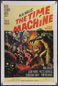 7x0776 TIME MACHINE linen 1sh 1960 H.G. Wells, George Pal, great Reynold Brown sci-fi artwork!