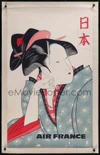 7x0829 AIR FRANCE linen 24x40 Japanese travel poster 1950s Utamaro art of geisha girl, ultra rare!