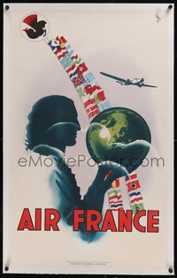 7x0828 AIR FRANCE linen 24x38 French travel poster 1930s Vinci art of flags of the world, ultra rare!