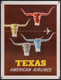 7x0832 AMERICAN AIRLINES TEXAS linen 30x40 travel poster 1960s Glanzman art of steers, ultra rare!