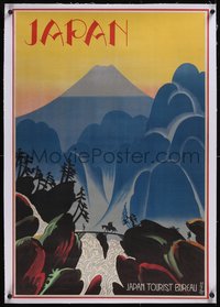 7x0845 JAPAN linen 24x36 Japanese travel poster 1950s cool art of Mt. Fuji & waterfall, ultra rare!