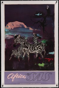 7x0853 SAS AFRICA linen 25x39 Danish travel poster 1960s Scandinavian Airlines, Nielsen zebra art!