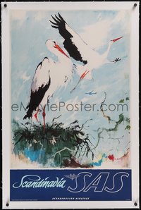 7x0857 SAS SCANDINAVIA linen 25x39 Danish travel poster 1960s Otto Nielsen art of cranes, ultra rare!