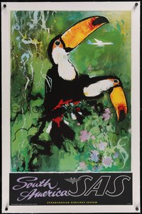 7x0858 SAS SOUTH AMERICA linen 25x39 Danish travel poster 1960s wonderful art of toucans by Nielsen!