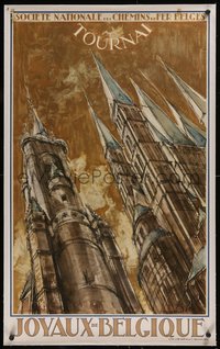 7x0861 TOURNAI linen 24x39 Belgian travel poster 1950 Massonet Cathedral of Our Lady art, ultra rare!