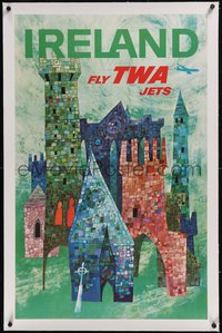 7x0865 TWA IRELAND linen 25x40 travel poster 1960s great David Klein art of castles, ultra rare!