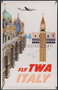 7x0866 TWA ITALY linen 25x40 travel poster 1950s David Klein art of Piazza San Marco in Venice, rare!