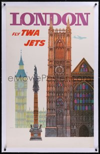 7x0867 TWA LONDON linen 25x40 travel poster 1960s cool art of English landmarks by David Klein!