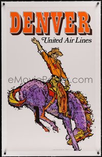 7x0868 UNITED AIR LINES DENVER linen 25x40 travel poster 1968 James Jebavy rodeo art, ultra rare!