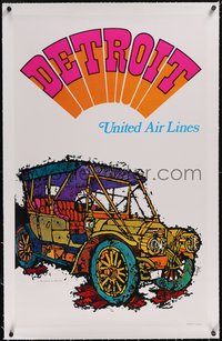 7x0869 UNITED AIR LINES DETROIT linen 25x41 travel poster 1969 Jebavy art of early car, ultra rare!