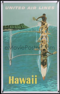 7x0871 UNITED AIR LINES HAWAII linen 25x40 travel poster 1960s Galli art of people in outrigger canoe!