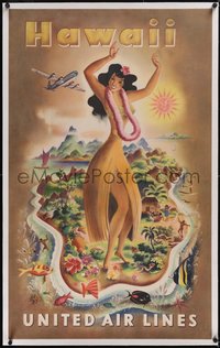 7x0870 UNITED AIR LINES HAWAII linen 25x41 travel poster 1950s Feher art of sexy dancer, ultra rare!