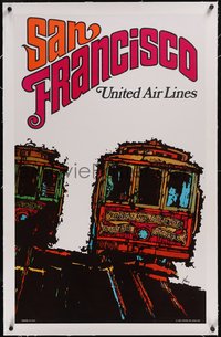 7x0874 UNITED AIR LINES SAN FRANCISCO linen 25x41 travel poster 1967 art of trolleys by James Jebavy!