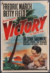 7x0796 VICTORY linen 1sh 1940 romantic artwork of Fredric March & Betty Field on tropical island!