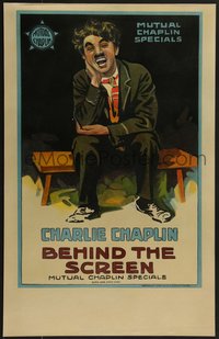 7x0065 BEHIND THE SCREEN WC 1916 wonderful stone litho of laughing Charlie Chaplin on bench, rare!