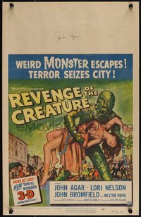 7x0076 REVENGE OF THE CREATURE signed 3D WC 1955 by John Agar, Reynold Brown monster with girl art!