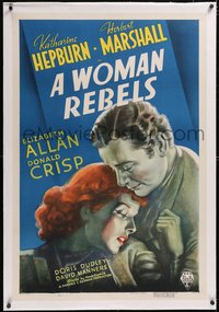 7x0821 WOMAN REBELS linen 1sh 1936 early feminist Katharine Hepburn & Herbert Marshall, ultra rare!