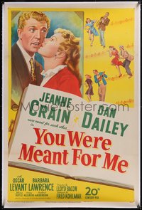 7x0825 YOU WERE MEANT FOR ME linen 1sh 1948 art of Jeanne Crain kissing Big Bandleader Dan Dailey!